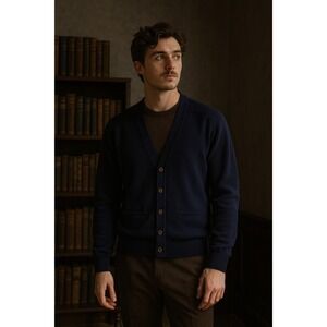 Vintage Thane Mens L Navy Blue Grandpa Cardigan Sweater 100% Scottish‎ Lambswool